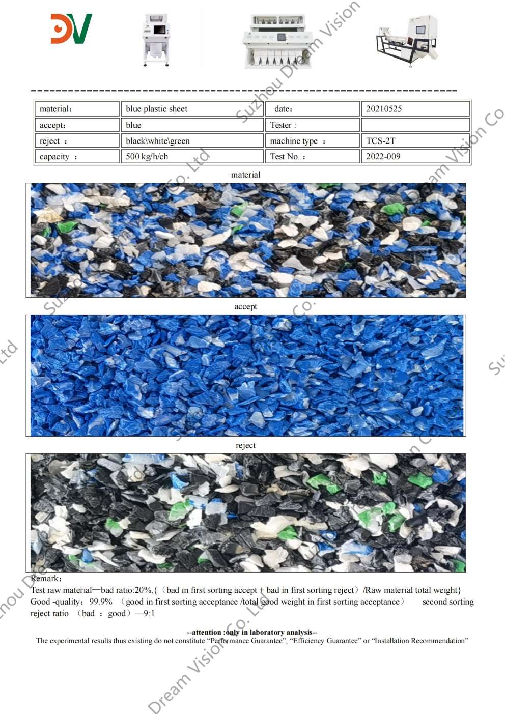 Rapport sur le trieur de couleurs de feuilles de plastique bleues