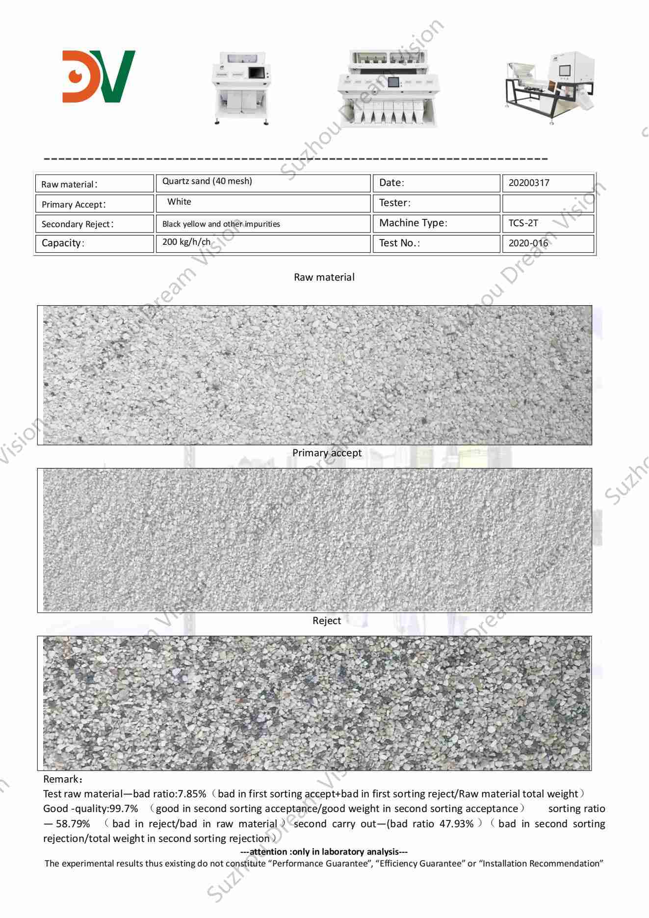 Rapport du trieur de couleurs de sable de quartz (40 mailles)