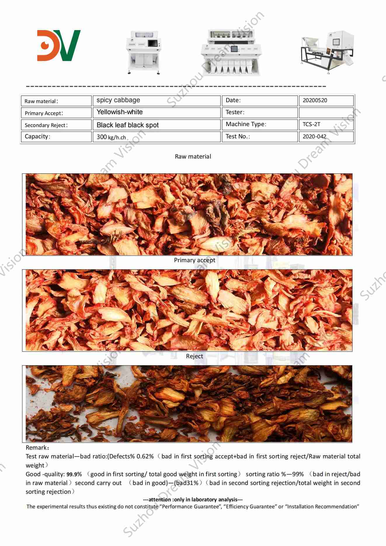 Rapport de test du trieur de couleurs de chou épicé