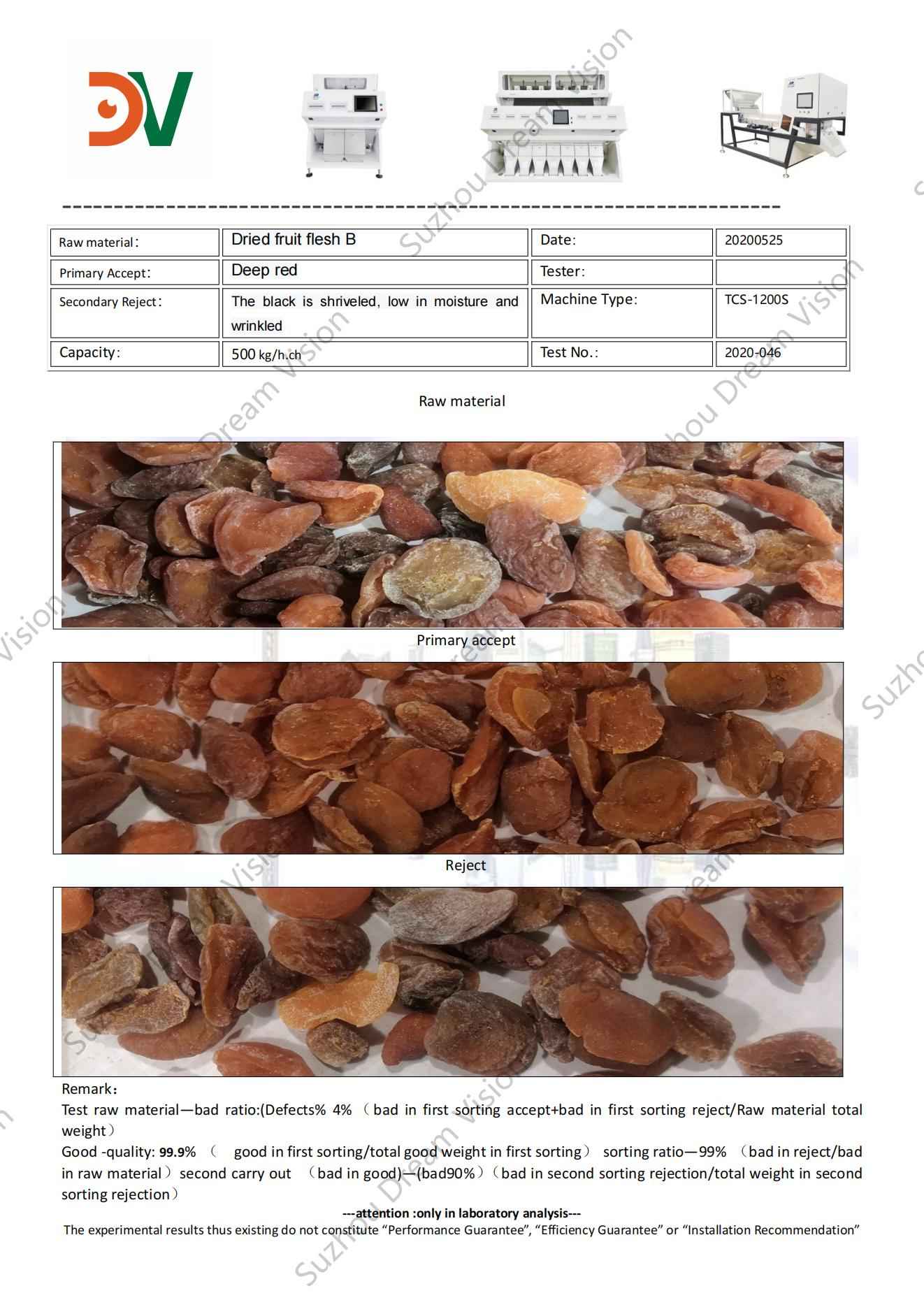 Rapport de test du trieur de couleur de chair de fruits secs