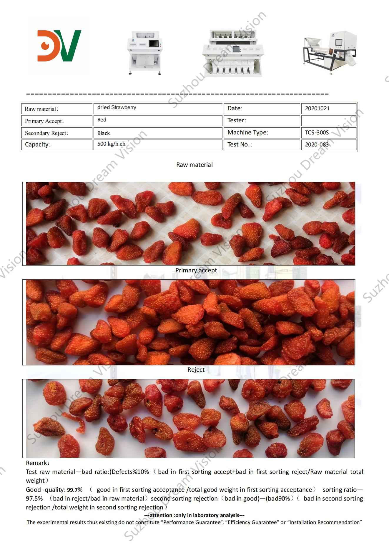 Rapport de test du trieur de couleurs de fraises séchées