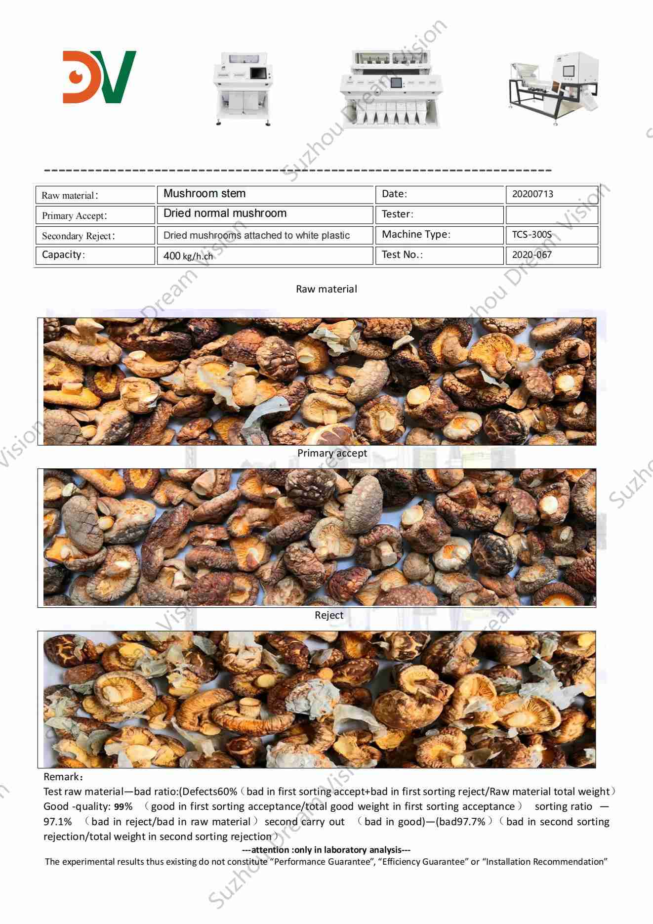 Rapport de test du trieur de couleurs de tiges de champignons