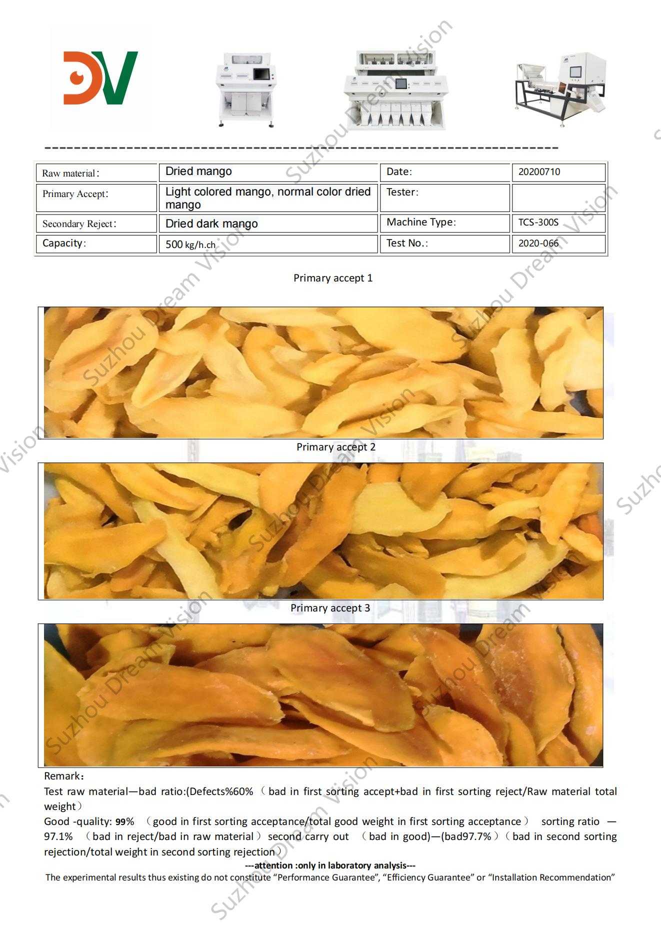 Rapport de test du trieur de couleurs de mangue séchée