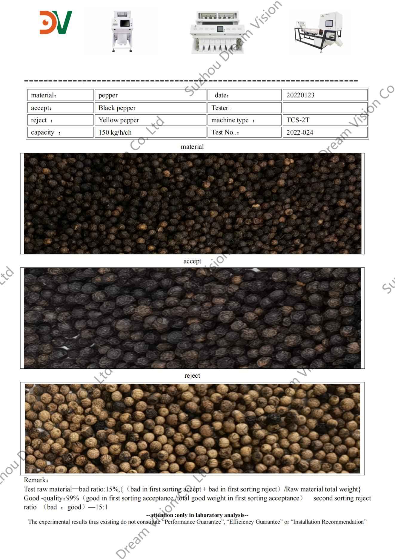 Rapport de test du trieur de couleurs de poivre