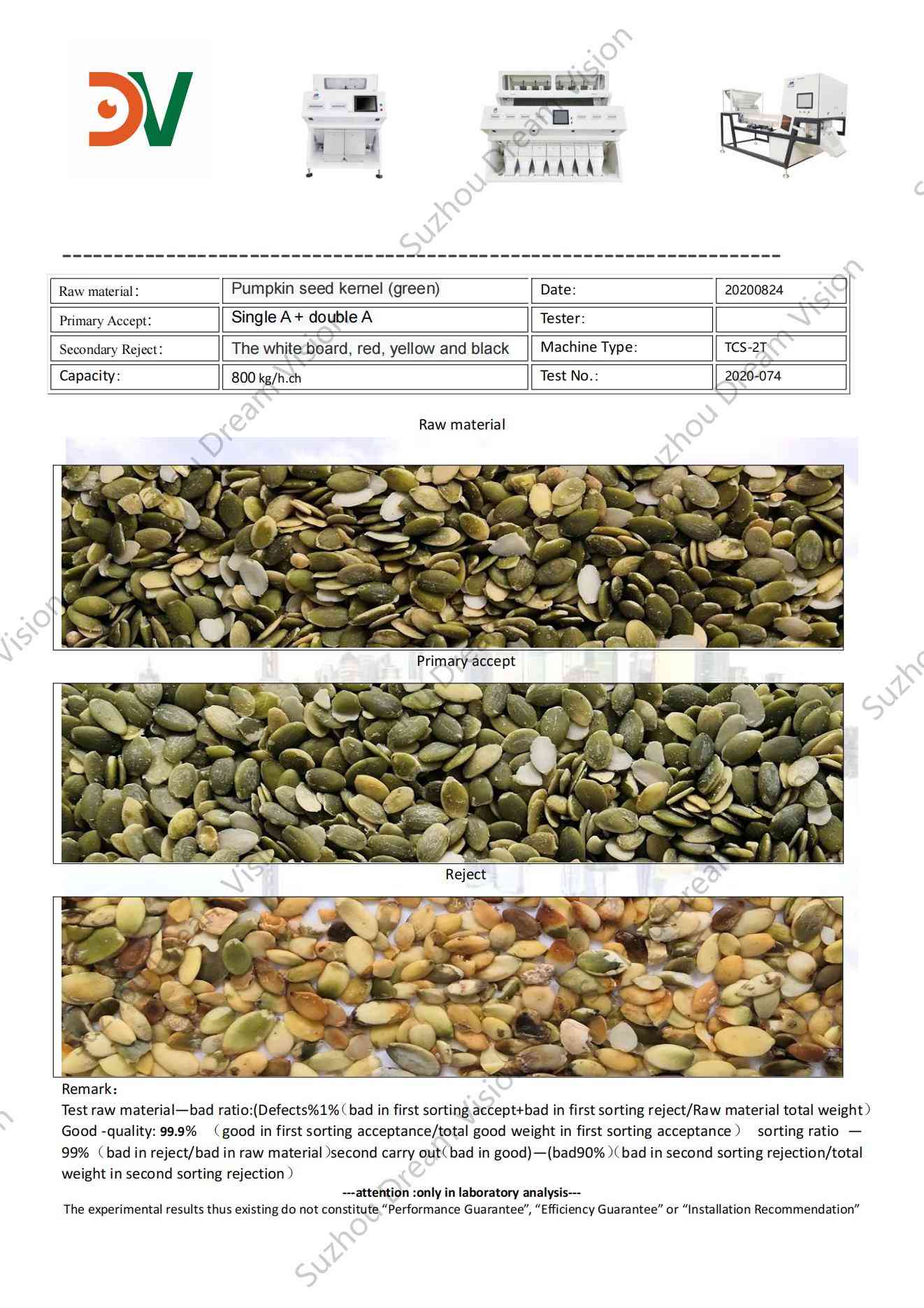 Rapport de test du trieur de couleurs de noyau de graines de citrouille (vert)