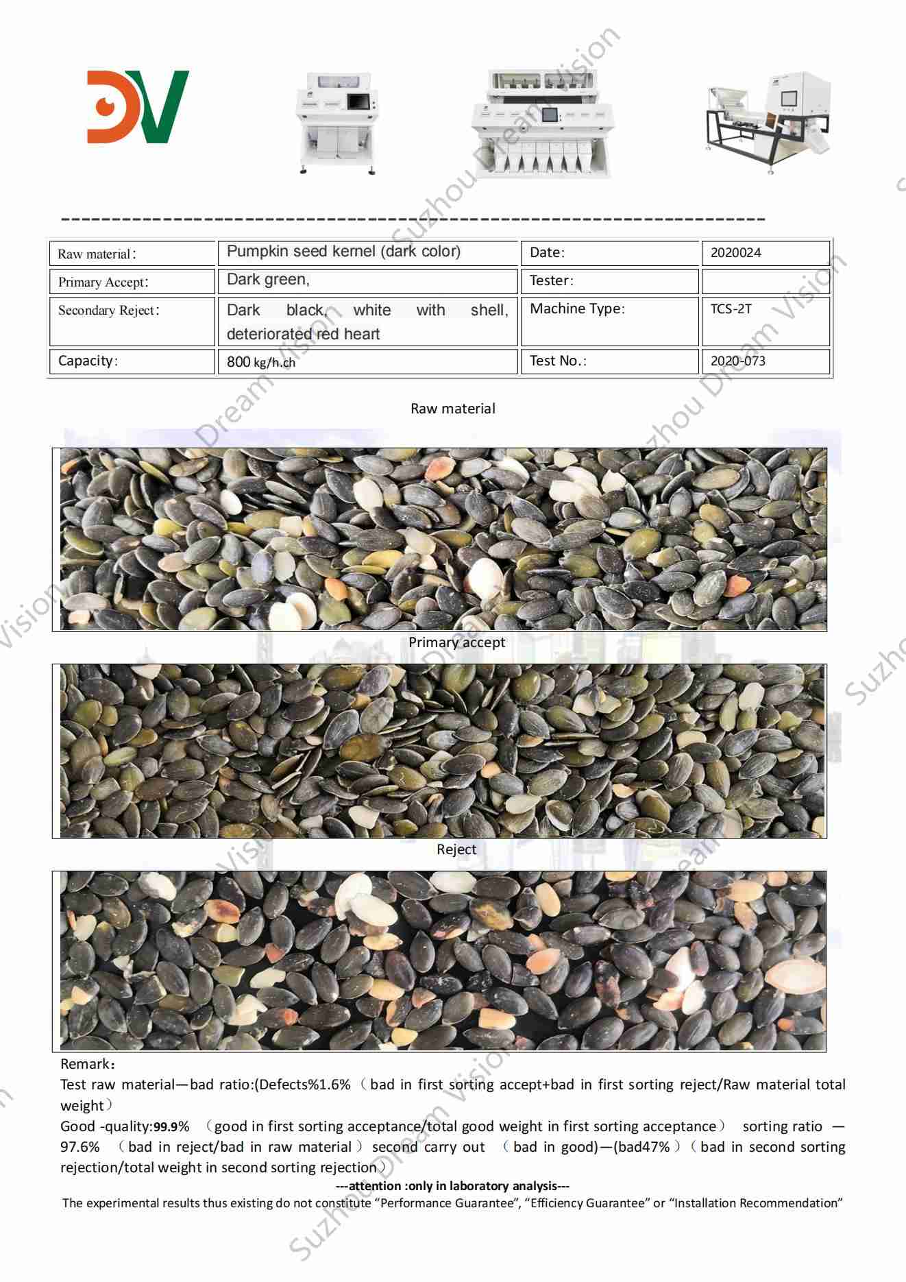 Rapport de test du trieur de couleurs de noyau de graines de citrouille (couleur foncée)