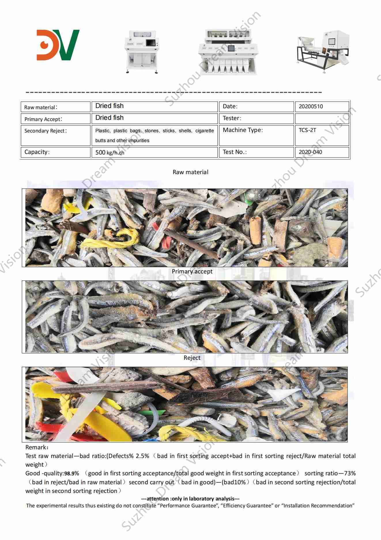 Rapport de test du trieur de couleurs de poisson séché