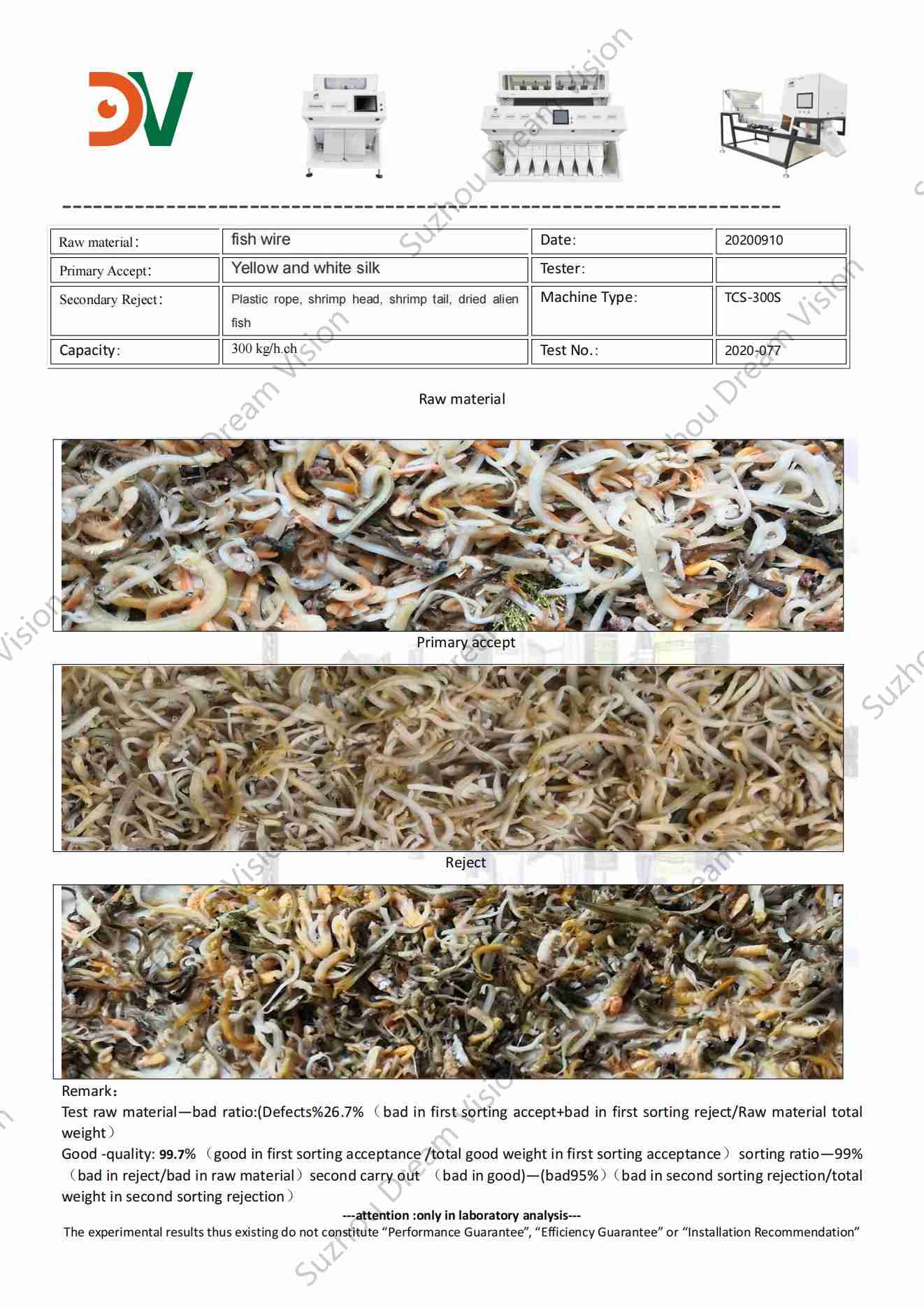 Rapport de test du trieur de couleurs de fil de poisson